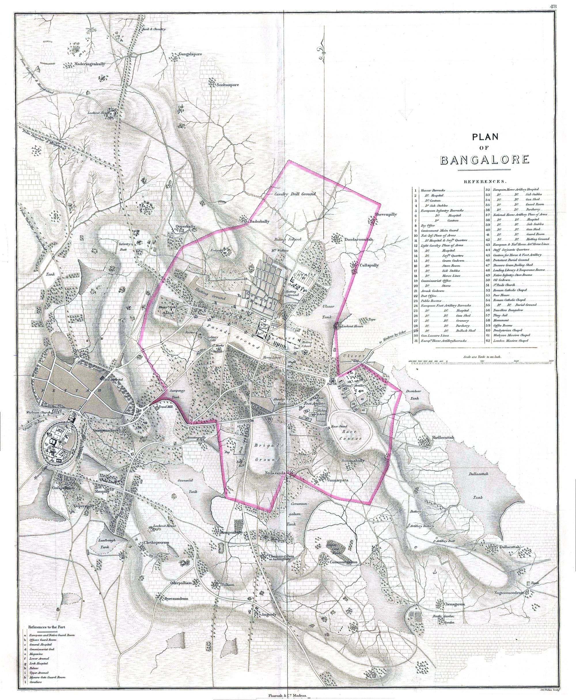 Surveyed map of Bangalore in 1854, published by Pharaoh and Co., Madras. The old walled Pete sits to the left and the British Cantonment to the right, with the daisy-chained kere - Dharmambudhi, Sampangi, Halsoor, Sankey, Kempambudhi and dozens of smaller tanks - shown in their period-correct positions across both halves of the city.