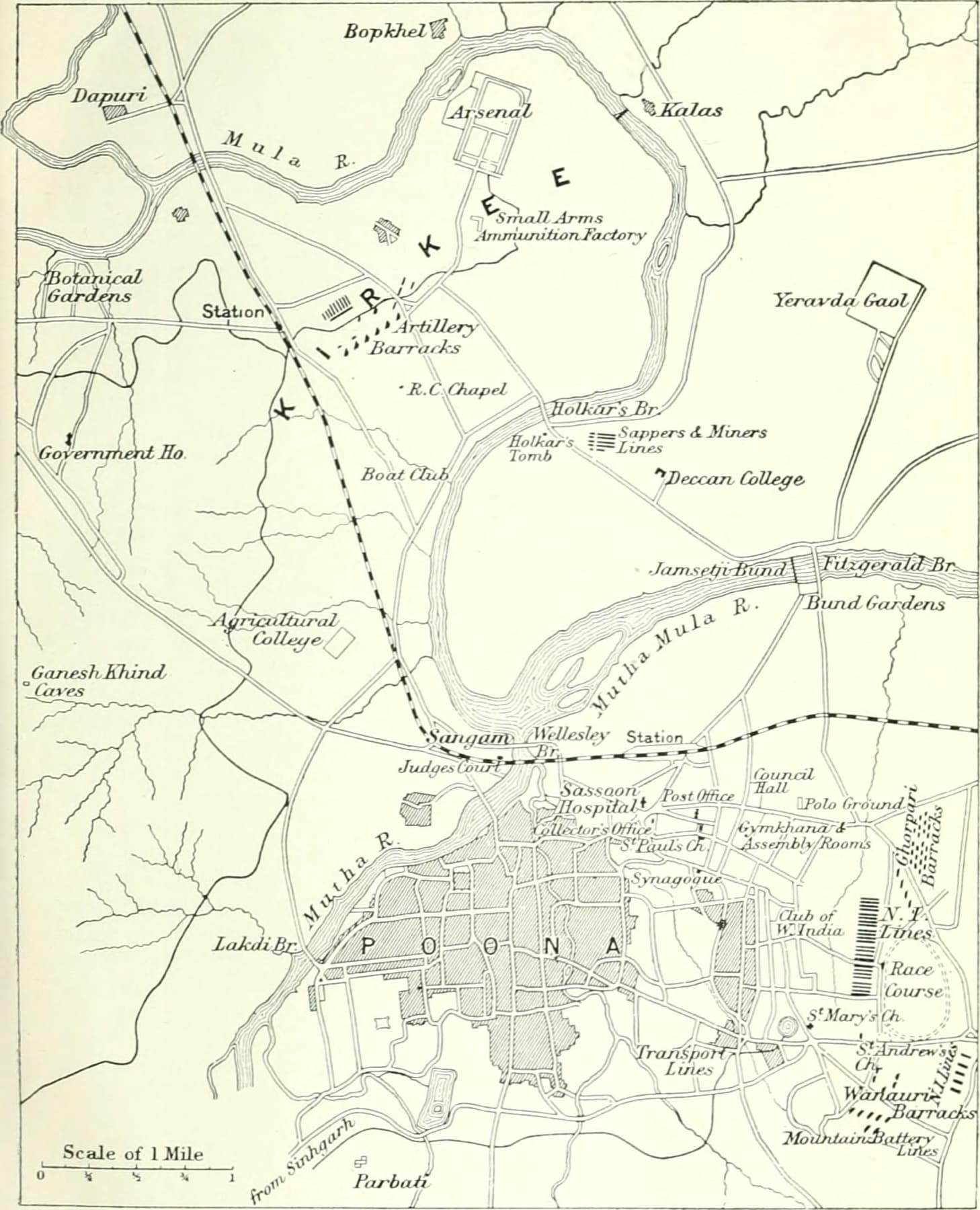 A 1911 survey map of Poona and its cantonment, showing the Mula and Mutha rivers converging, the walled city west of the confluence, the cantonment east of it, and the canal running out to the south-east.