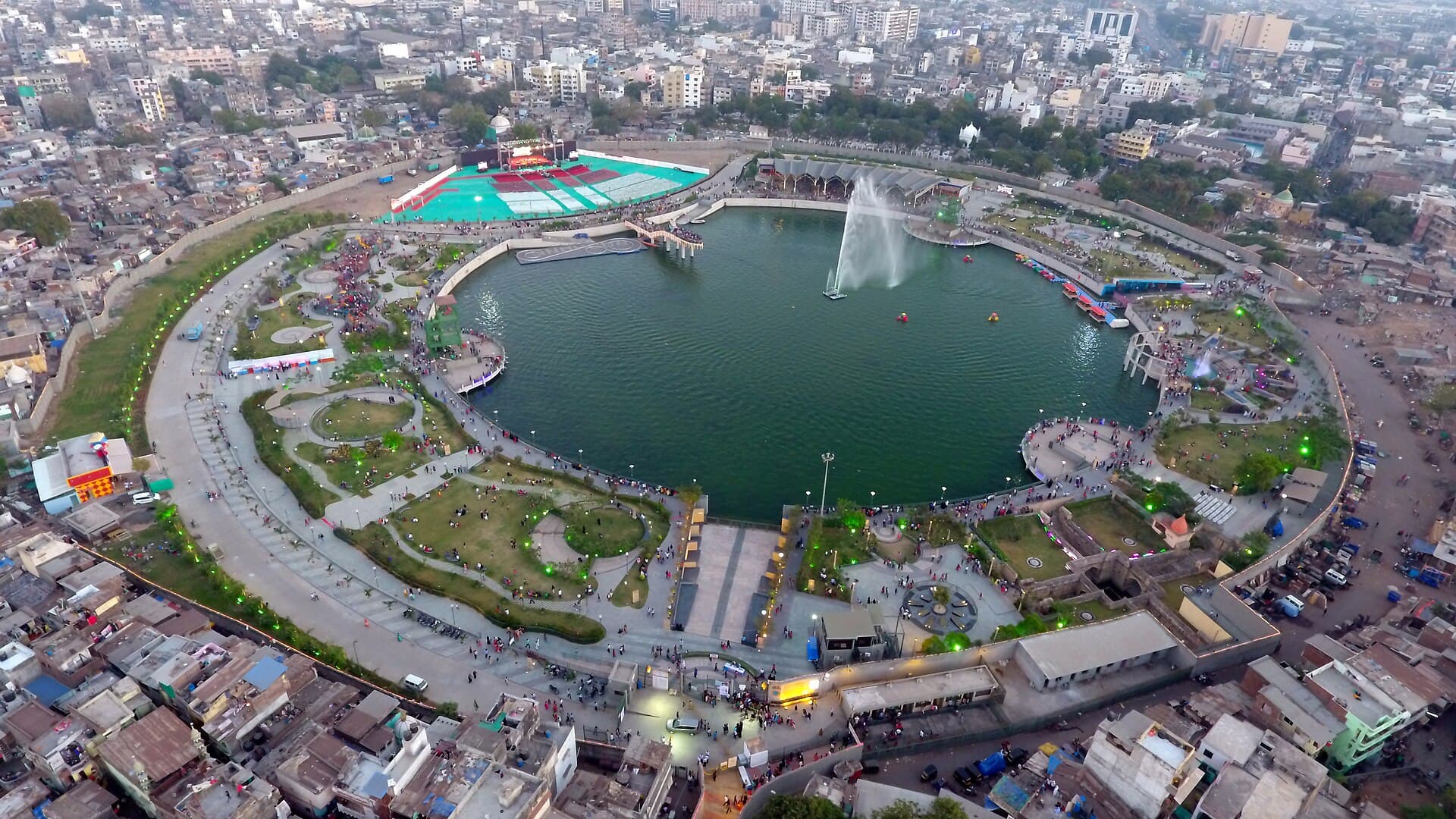 Aerial view of Gopi Talav, a large rectangular tank surrounded by the modern city