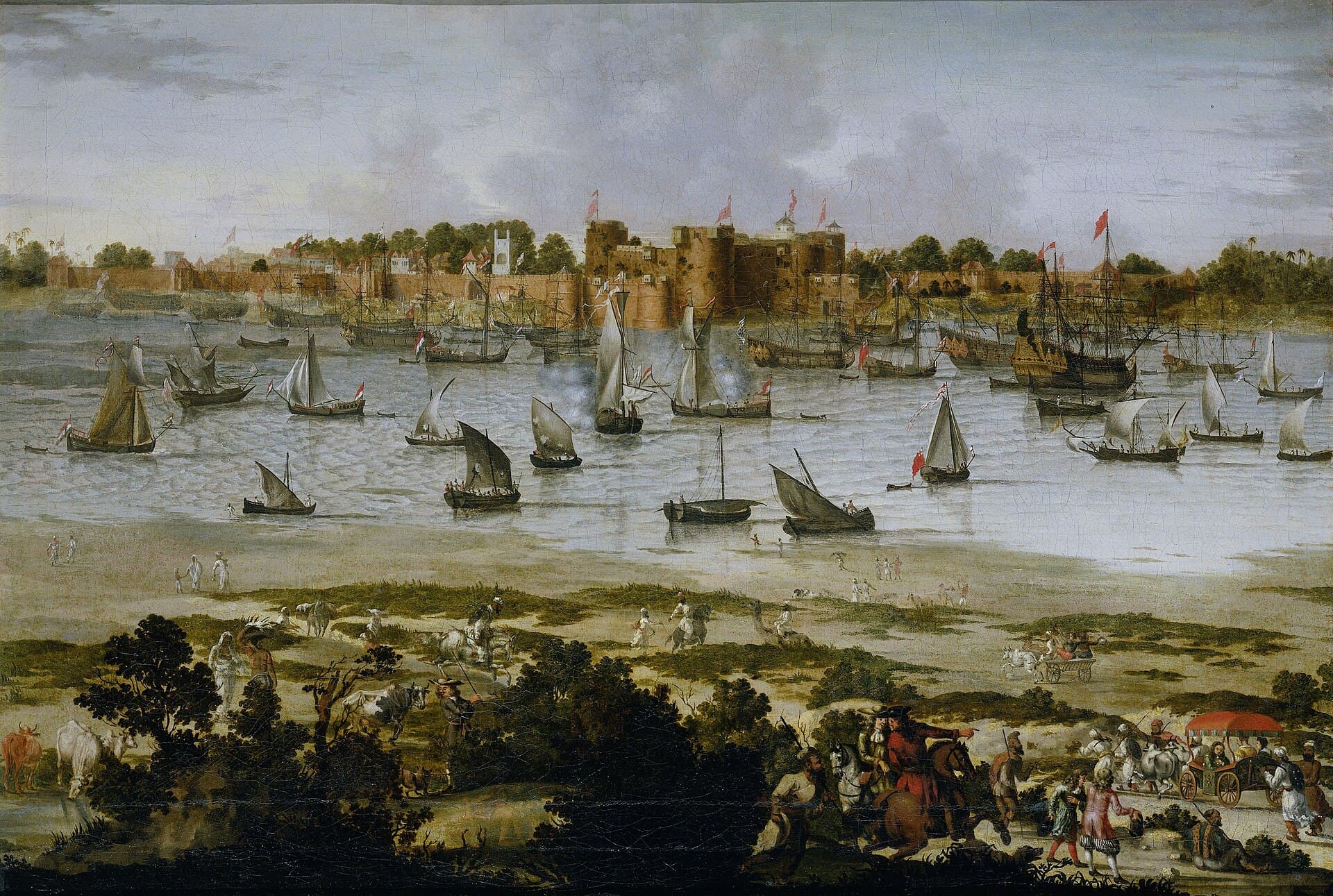 A seventeenth-century painted view of the harbour at Surat, crowded with ships