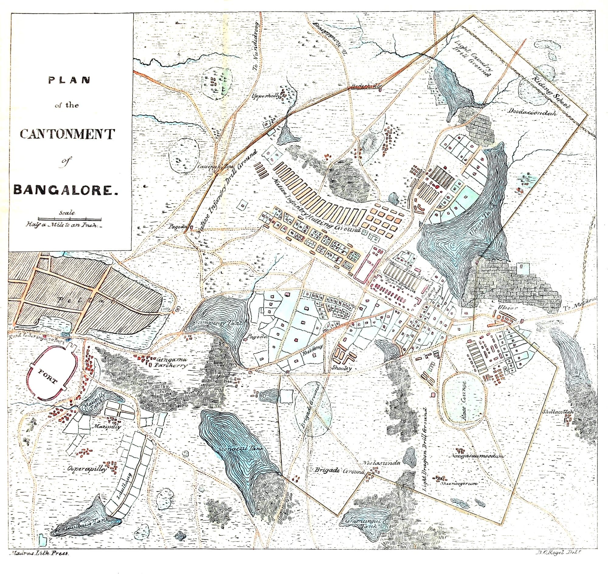 A hand-coloured 1843 plan of the Cantonment of Bangalore: barracks and parade grounds laid out in blocks, roads radiating across open ground, and Ulsoor tank shaded blue at the right.