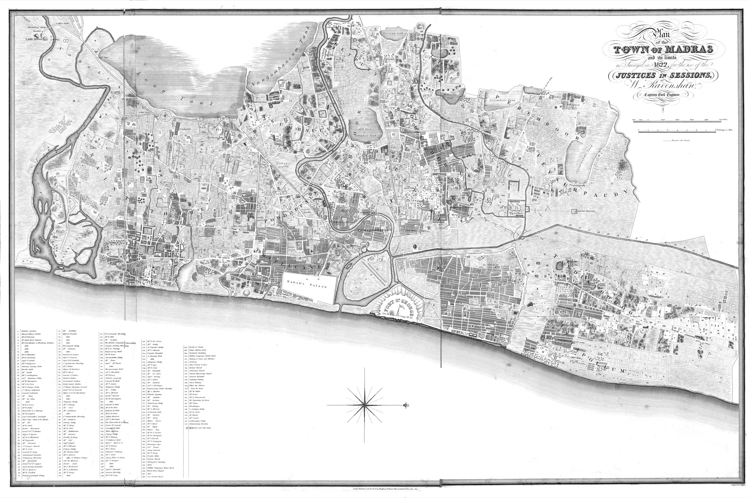 Plan of the town of Madras and its limits, surveyed in 1822 by Captain W. Ravenshaw of the Civil Engineers, engraved by J. Walker. Shows the walled Fort, Black Town, the Cooum river running east into the sea, and the elongated tank polygons including the Long Tank, Spur Tank, Nungambakkam Tank and Mylapore Tank.