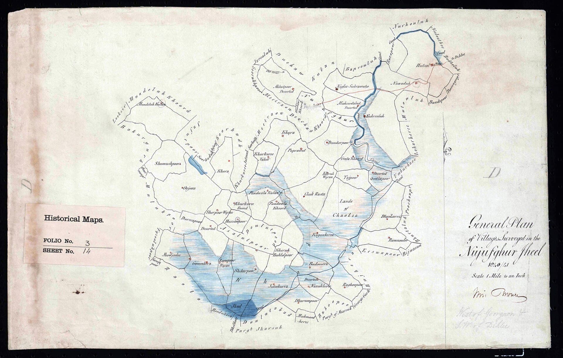 A hand-drawn manuscript survey map from 1840 to 1841 titled 'General Plan of Villages Surveyed in the Nujufsghur Jheel', at a scale of one mile to an inch, signed by William Brown. Village boundaries are inked across the sheet with names in copperplate, several marked 'Deserted'. The jheel itself and its feeder channels are washed in blue watercolour, widening into open water at the bottom of the sheet, with a canal running off the top right corner annotated 'to Dihlee'. A note at the lower right places the survey 'West of Georgaon & S.W. of Dihlee'.