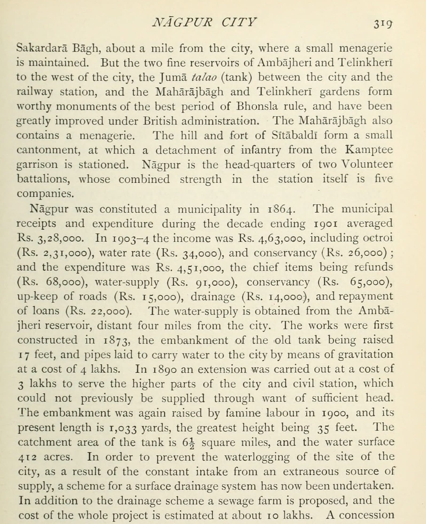 A scanned page of printed text headed 'Nagpur City' and numbered 319. The paragraphs describe the Bhonsle-period reservoirs and gardens, the municipality of 1864 and its accounts, the Ambajheri waterworks of 1873, the extension of 1890, the raising of the embankment by famine labour in 1900, and a surface drainage scheme and sewage farm to prevent the waterlogging of the city.