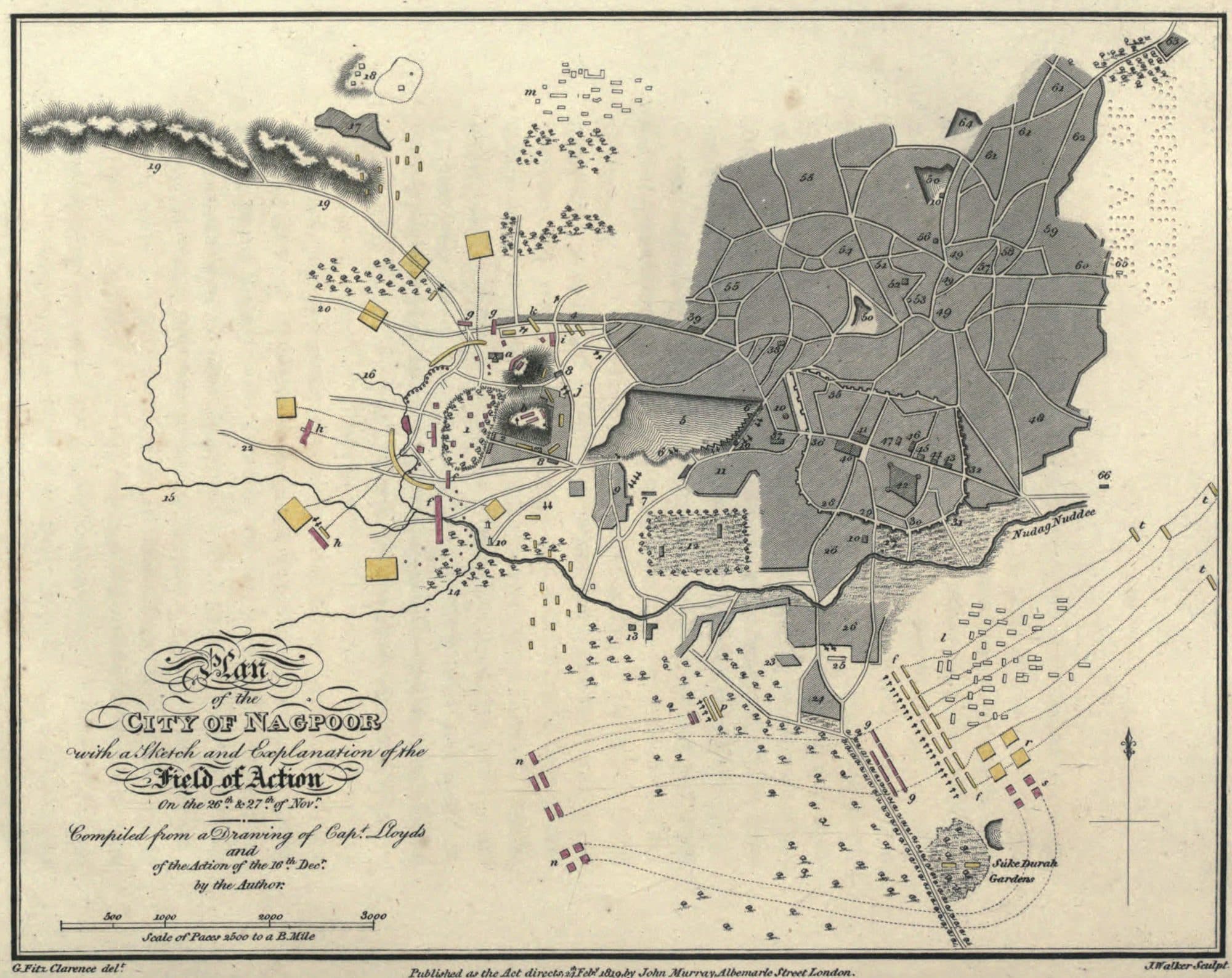 A hand-coloured engraved plan titled 'Plan of the City of Nagpoor with a Sketch and Explanation of the Field of Action on the 26th and 27th of Nov.' The walled city, shaded grey, fills the upper right. A large hatched tank marked 5 lies between it and two small hills in the centre. A river whose label ends 'Nuddee' runs along the south of the city, and thin streams numbered 14 and 15 come in from the left. A scale bar sits under the title at lower left.