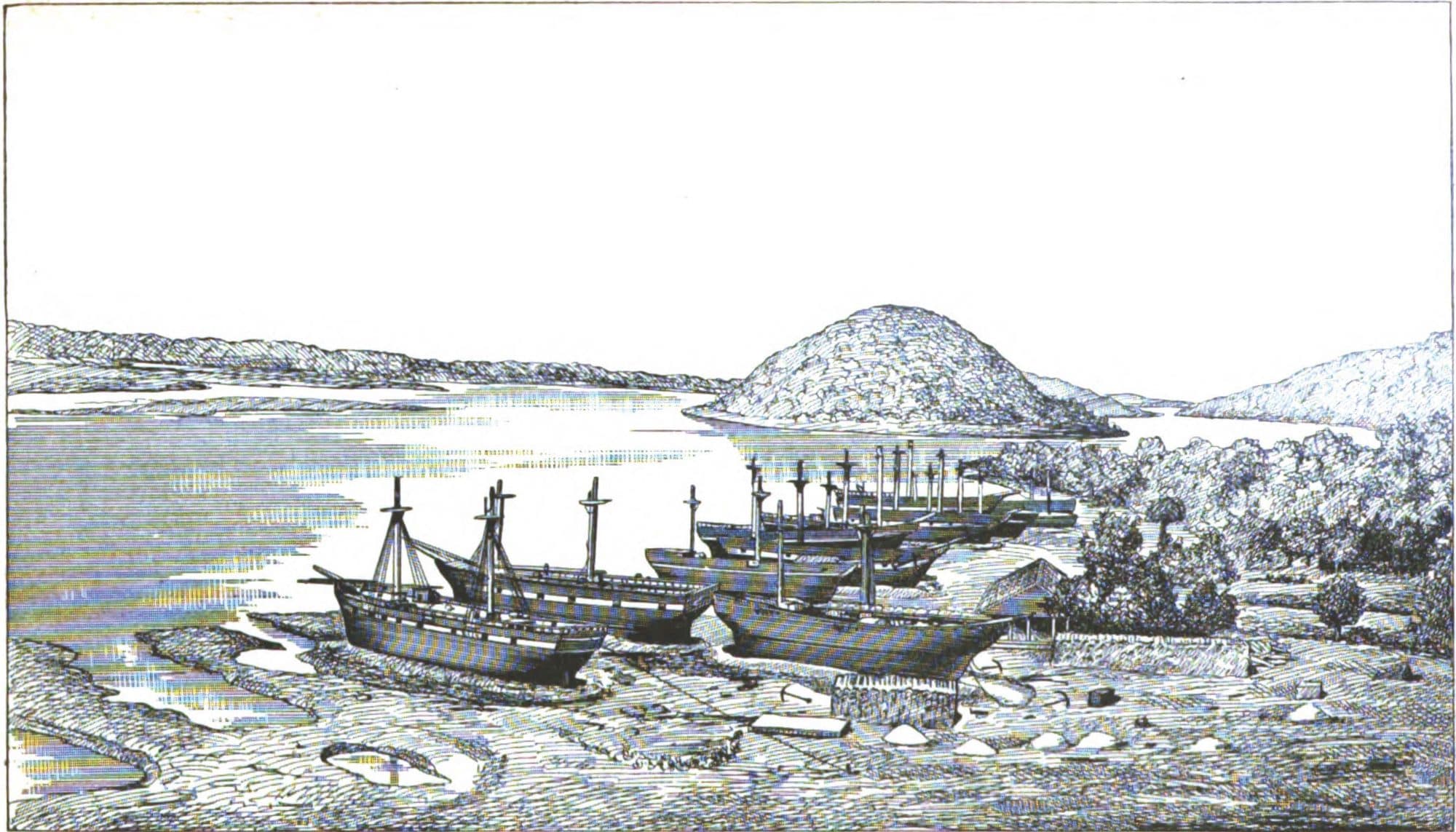 An 1884 engraving of sailing ships lying beached on mud flats at Vizagapatam, with a rounded hill rising behind the water.