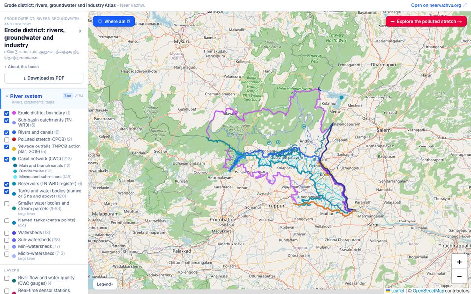 The Erode district river map on Neer Vazhvu, with rivers, canals and sub-basins drawn over the district.