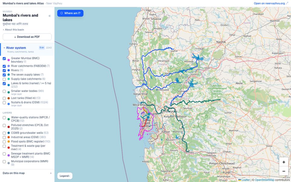 The Mumbai rivers and lakes map on Neer Vazhvu, with the rivers and supply lakes drawn across the region.